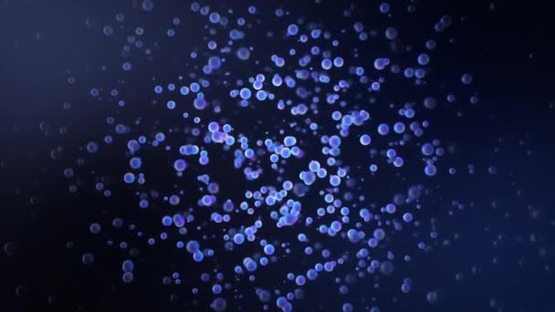 Moléculas de virus de bacterias abstractas moviéndose lentamente sobre fondo azul oscuro, lazo sin costuras. Animación. Células de microorganismos bajo microscopio
. - Metraje, vídeo