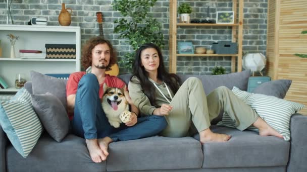 asiatische Mädchen und kaukasischen Kerl fernsehen zu Hause spielen mit corgi Hund - Filmmaterial, Video