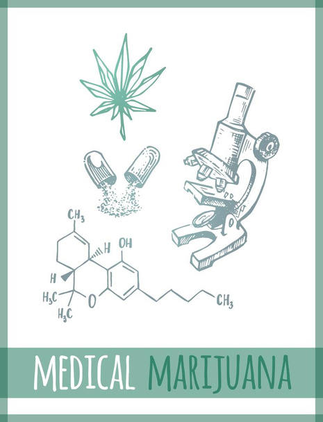 Cannabis leaf, pills and THC chemical formula - Vector, Image