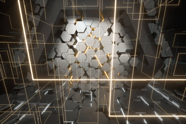 Hexagonális alagút tér hatszögletű kockákkal, 3D-s kiolvasztás. - Fotó, kép