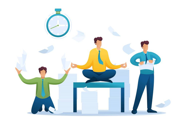 Az iroda stresszes helyzete, a személyzet rohangál, problémákat old meg, meditál. Lapos 2D karakter. A webdesign koncepciója - Vektor, kép