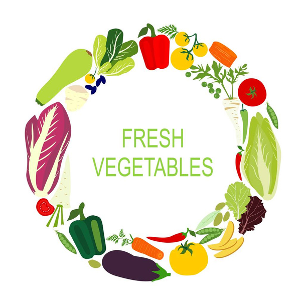 Fresh vegetables in the circle. Vector flat design template. Icon of food, farm, gardening or  horticulture. - Vettoriali, immagini