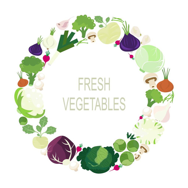 Friss zöldségek a körben. Vektorlapos tervezési sablon. Élelmiszer, gazdaság, kertészet vagy kertészet ikonja. - Vektor, kép