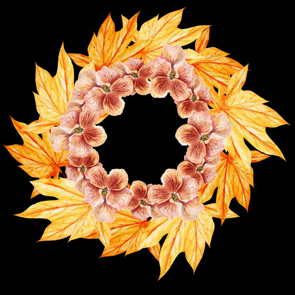 Beautiful watercolor autumn wreath with orange leaves and pansies.  - Photo, Image