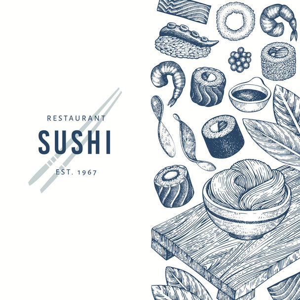 Japanese cuisine design template. Sushi hand drawn vector illust - Vettoriali, immagini