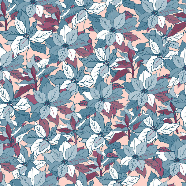 Płynny wzór tekstylny do tkanin. Niekończący się wzór kwiatowy z niebieskimi i czerwonymi kwiatami. - Wektor, obraz