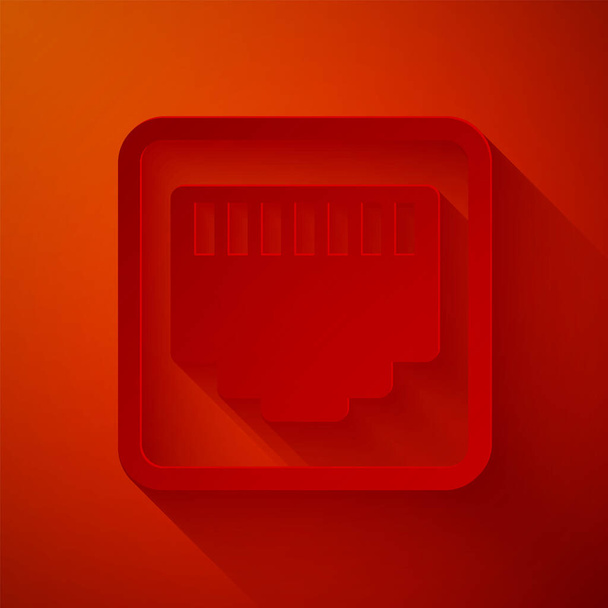 Paper cut Network port - cable socket icon isolated on red background. LAN, ethernet port sign. Local area connector icon. Paper art style. Vector Illustration - Vektör, Görsel