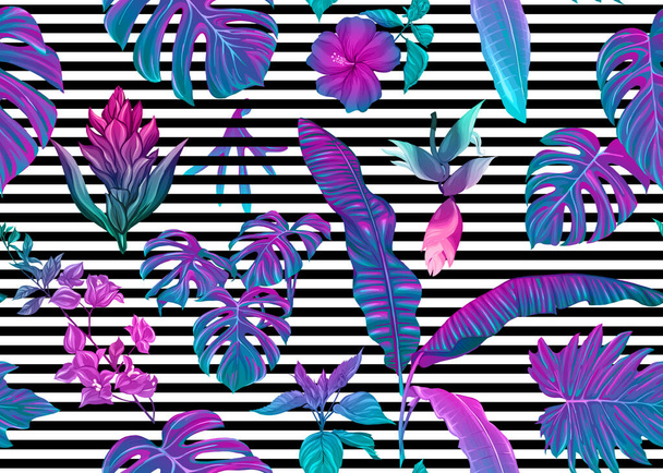 Бесшовный рисунок, фон с тропическими растениями
 - Вектор,изображение