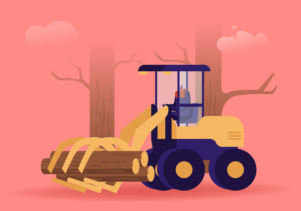 Cut Wood Industry Occupation. Lumberer Driving Log Harvester Working at Forest Area for Delimbing, Cutting and Sorting Wood Pile. Woodcutter Truck Tree in Forest. Cartoon Flat Vector Illustration - Vector, Image
