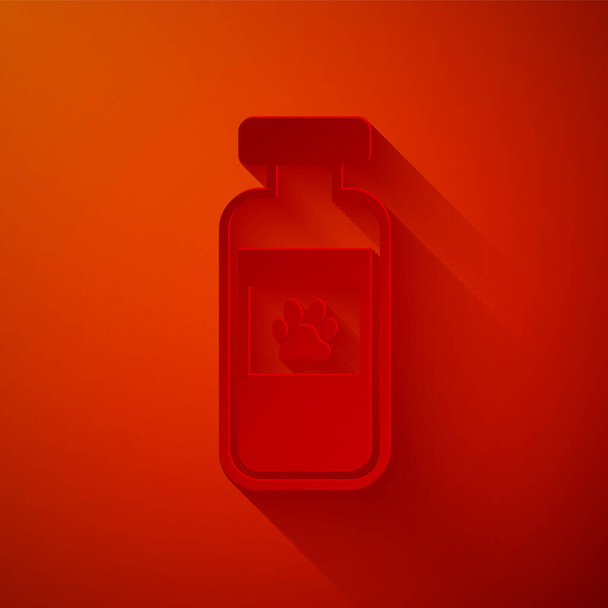 Kağıt kesiği, kırmızı arka planda izole edilmiş evcil hayvan şişesi tıbbi ikonu. Hayvan için reçeteli ilaç. Kağıt sanatı tarzı. Vektör İllüstrasyonu - Vektör, Görsel