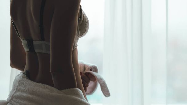 romantic morning woman white lingerie window - Foto, afbeelding
