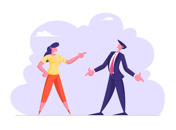 Business Man and Woman Yelling on Each Other Having Quarrel and Fight. Businesswoman and Businessman Disagreement, Work Conflict Between Colleagues or Office Employees Cartoon Flat Vector Illustration - Vector, Image