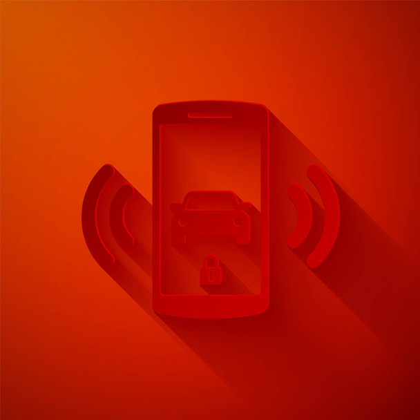 Řez papíru Ikona inteligentního autoalarmu izolovaná na červeném pozadí. Smartphone ovládá zabezpečení auta v rádiu. Papírový styl. Vektorová ilustrace - Vektor, obrázek