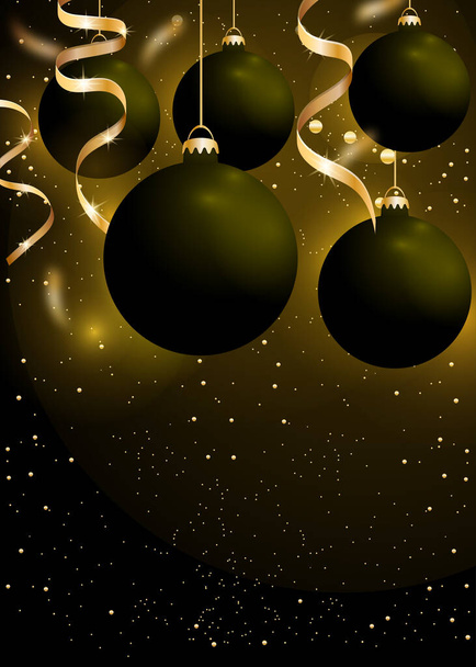 Weihnachten und Neujahr Hintergrund mit schwarzen Kugeln und goldenen Bändern auf dunkelschwarzem Hintergrund. leuchtende hängende Christbaumschmuck. Winterfestdekoration. Kopierraum. Vektor - Vektor, Bild