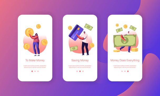 人々現金およびクレジットカードで支払うモバイルアプリページオンボード画面セット。キャラクターは、ウェブサイトやウェブページ漫画フラットベクトルイラストの支払いコンセプトのためのライブマネーと銀行取引を使用します - ベクター画像