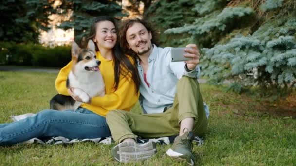 Happy couple taking selfie with corgi breed dog in city park using smartphone - Záběry, video