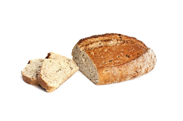 Loaf of whole wheat bread with slices isolated on white background - Photo, Image