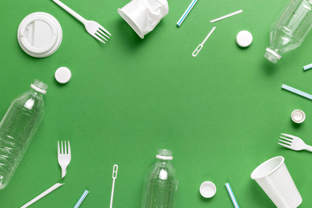 Composition of plastic waste pollution. Sorting and recycling. Disposable packaging. Ecological concept. Flat lay, top view, copy space. - Foto, Imagen