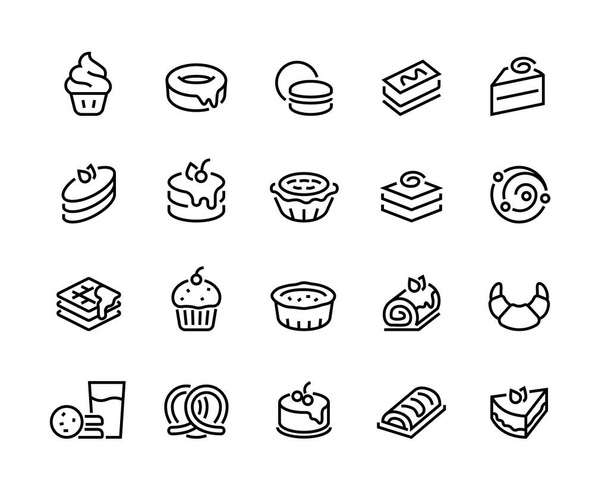 Gâteaux et biscuits ligne icônes. Boulangerie et pâtisserie, croissant beignets cupcakes cookies brownies et tartes. Ensemble de confiseries vectorielles
 - Vecteur, image