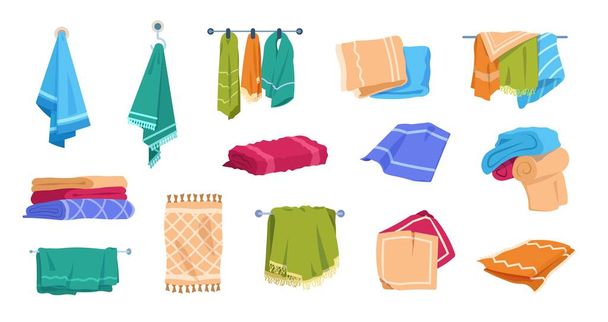 Cartoon towels. Bath rolled fabric, kitchen hand textile cloth and washcloth for dishes, family cotton towels pile. Vector set - Vector, Image
