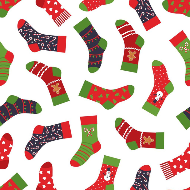 Christmas socks pattern. Seamless texture with winter clothing elements and ornaments. Vector New year and Christmas holidays pattern - Vector, Image
