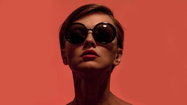  fashion photo of young beautiful lady in black big sunglasses - Фото, изображение