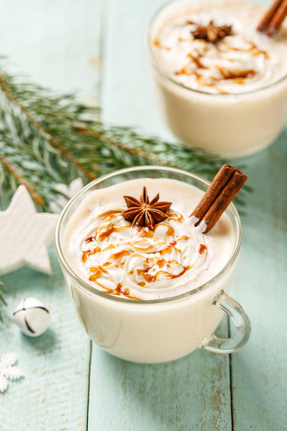Eggnog. Traditional Christmas drink, spiced egg-milk cocktail with cream caramel topping. - Foto, Imagen