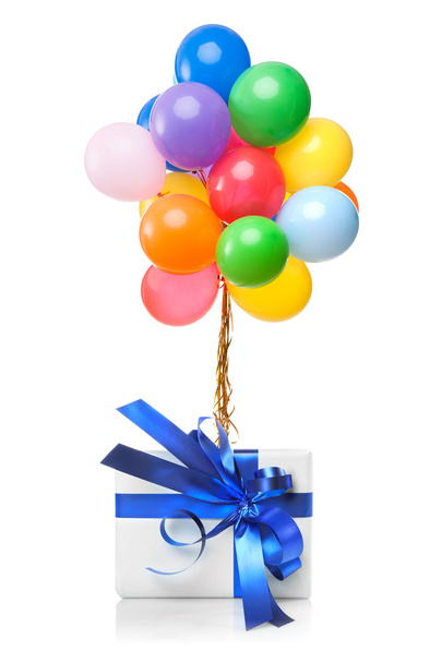 color balloons with gift isolated on white - Φωτογραφία, εικόνα