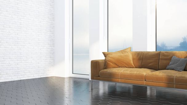 Modern design nappali belső, gyönyörű kilátással. 3D-s renderelés - Fotó, kép