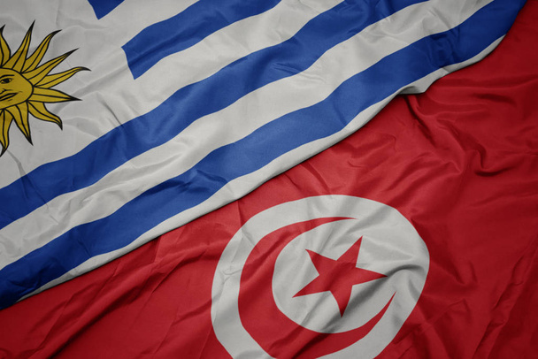 lobogtatva színes zászló tunézia és nemzeti zászló uruguay. - Fotó, kép