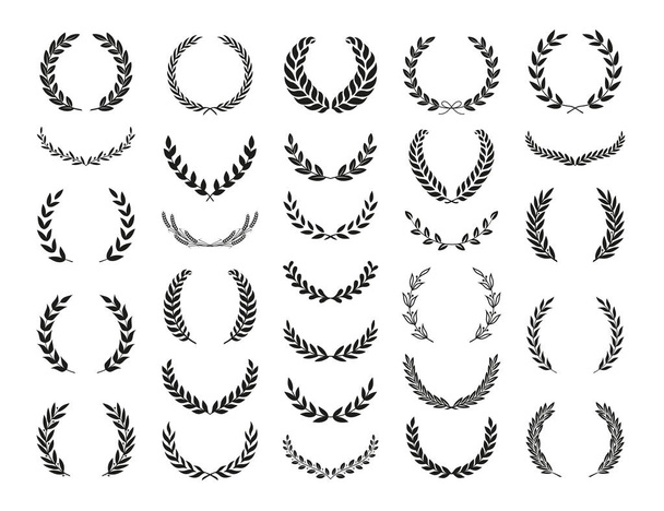 Set of different black and white silhouette circular laurel foliate, wheat and olive wreaths depicting an award, achievement, heraldry, nobility, emblem. Vector illustration. - Vector, Image