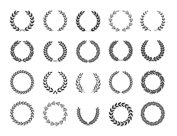 Set of different black and white silhouette circular laurel foliate, wreaths depicting an award, achievement, heraldry, nobility, emblem. Vector illustration. - Vector, Image