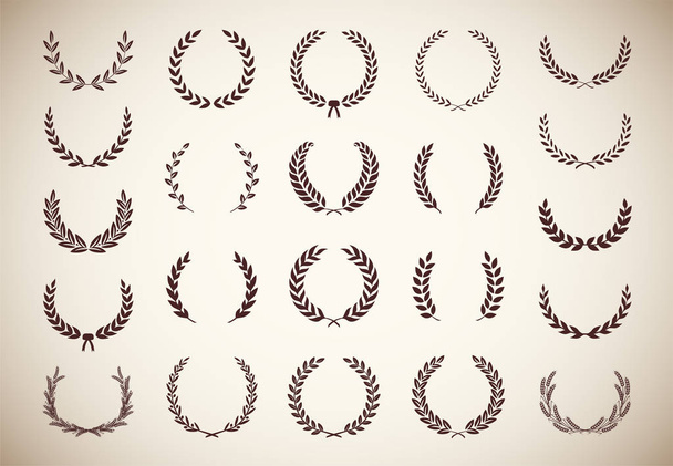 Set of different vintage silhouette circular laurel foliate, olive and wheat wreaths depicting an award, achievement, heraldry, nobility. Vector illustration. - ベクター画像