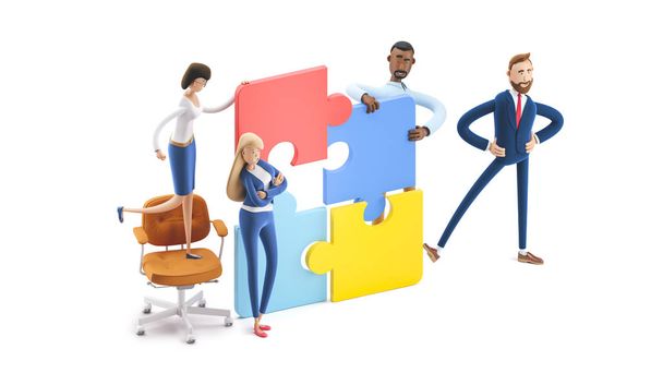 Menschen, die Puzzle-Elemente verbinden. 3D-Illustration. Zeichentrickfiguren. Business-Teamwork-Konzept auf weißem Hintergrund. - Foto, Bild