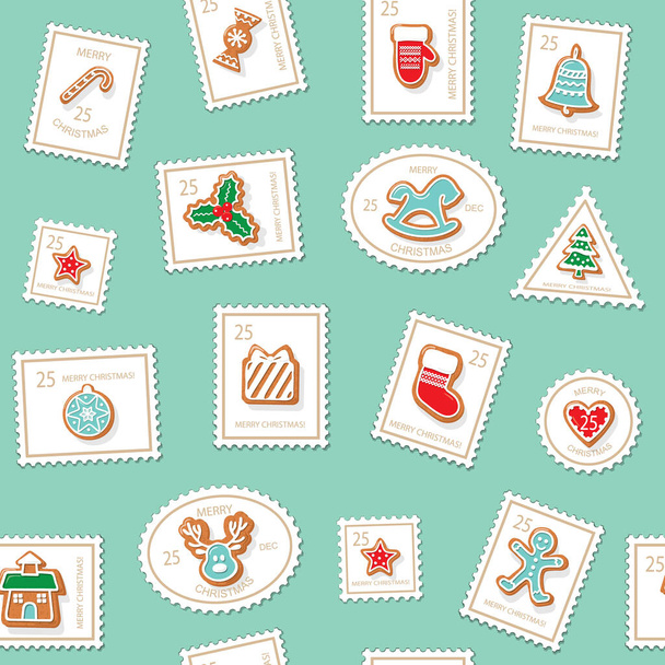 Christmas postage stamps seamless background. Colorful Gingerbread cookies. Traditional pattern for wrapping paper, winter holidays decor. Vector - Вектор,изображение