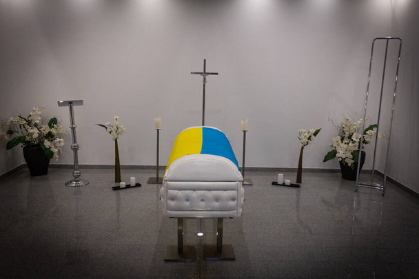 Coffin Ukraine Flag Funeral home with new modern like a Sofa chester coffin style - Photo, Image