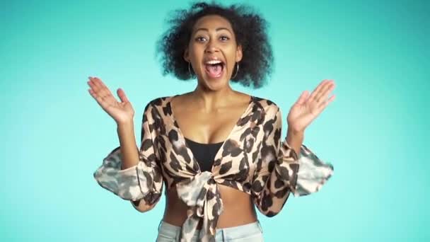 Pretty african american woman with afro hair in leopard wear laughing, pleasantly surprised, jumping and clapping hands to camera over blue wall background. Cute mixed race girl shocked, saying WOW - Záběry, video