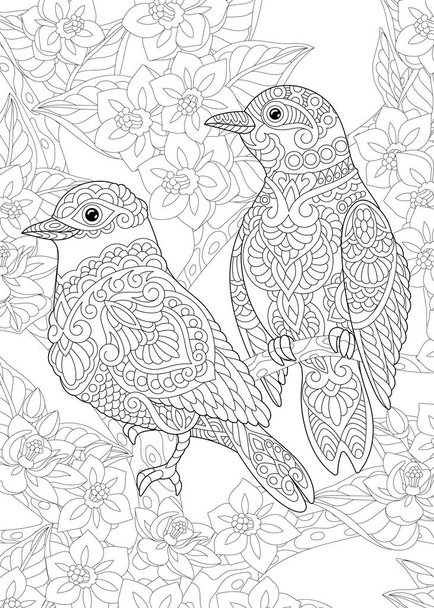 coloring page with bird in the garden - Vettoriali, immagini