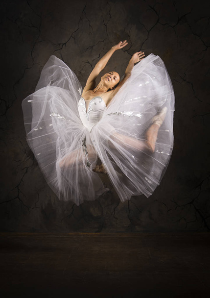 Slender girl in a white corset tutu dancing ballet. - Photo, image