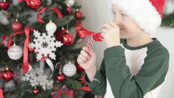 Een jongen in een kerstman hoed versiert een kerstboom. - Video
