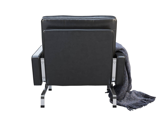 Chaise en cuir noir du milieu du siècle avec plaid. 3d rendu
. - Photo, image