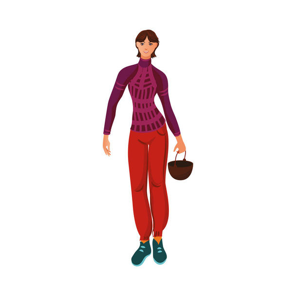 Brown-haired camper girl in the sweater standing with a cauldron. Vector illustration in flat cartoon style. - Вектор, зображення