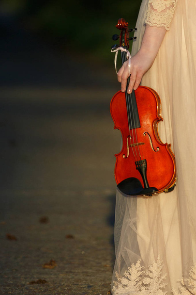 The violin is in the hands of a girl dressed in a cream dress. V - 写真・画像