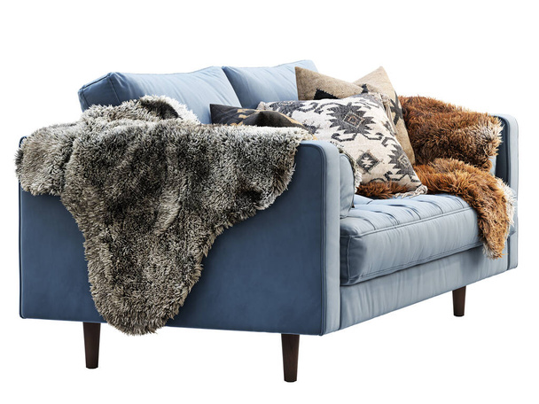 chalet zweisitziges Sofa aus blauem Samt mit Kissen und Fellen. 3D-Darstellung. - Foto, Bild
