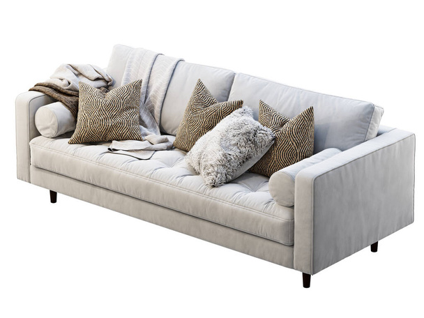 Scandinavian three-seat white velvet upholstery sofa with pillows and plaids. 3d render. - 写真・画像
