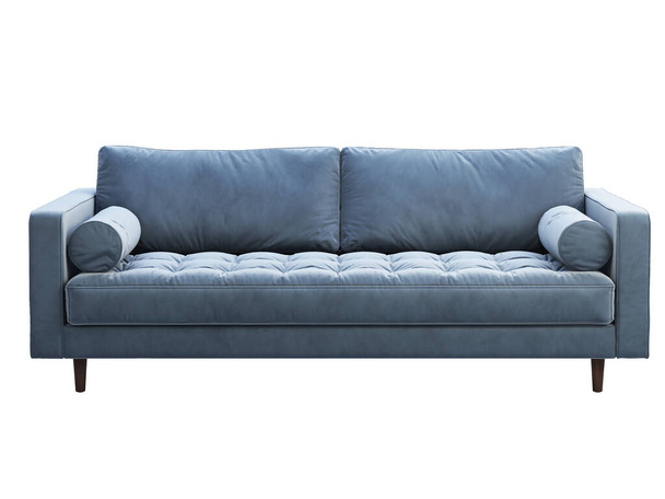 Századközepi, háromüléses, kék bársony kárpitos kanapé. 3d renderelés. - Fotó, kép