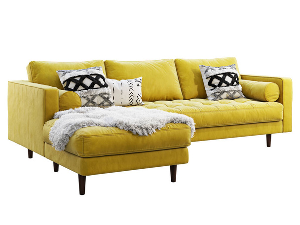 Skandynawski narożnik żółty aksamitna tapicerka sofa z chaise lounge. 3d renderowanie. - Zdjęcie, obraz