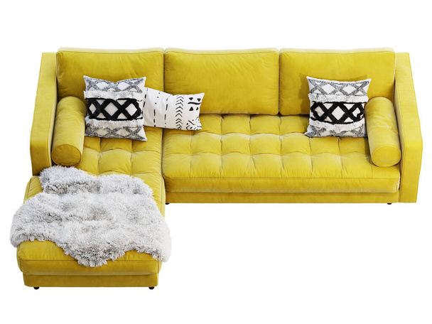 Escandinávia canto amarelo veludo estofos sofá com chaise lounge. Renderização 3d
. - Foto, Imagem