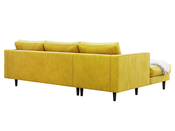 Skandynawski narożnik żółty aksamitna tapicerka sofa z chaise lounge. 3d renderowanie. - Zdjęcie, obraz
