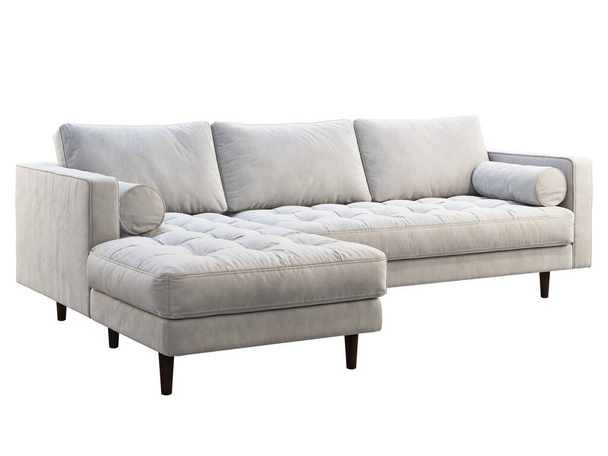 Połowa wieku narożnik biały aksamit tapicerka sofa z chaise lounge. 3d renderowanie. - Zdjęcie, obraz